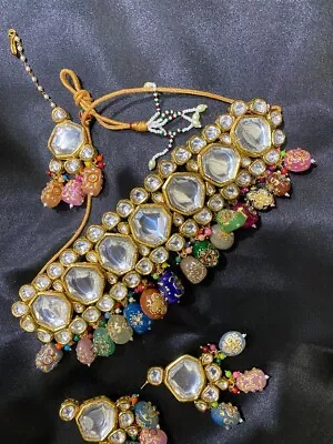 Indian Kundan Bridal Set Beaded Gold Plated Choker Meenakari Wedding Jewelry • $74.99