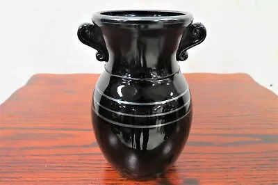 Vintage L.E. Smith Black Amethyst Glass Art Deco Vase - Scrolls And Silver Rings • $17.99