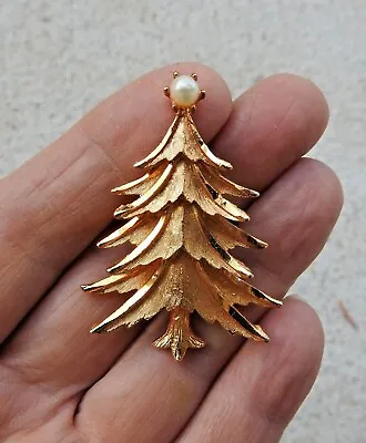 Vintage Mamselle Christmas Tree Golden Branches Faux Pearl Topper Brooch Pin   • $15.95