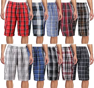 Men's Plaid Checkered Multi Pocket Elastic Waist Lightweight Casual Cargo Shorts • $24.14