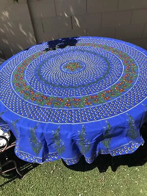 Vintage Round Tablecloth Blue Peach/Plum • $16.50