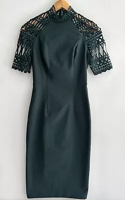 ELLE ZEITOUNE Deep Green High Neck Lace Detail Pencil Dress Size 6 • $62