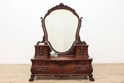 Victorian Antique Carved Mahogany Dresser Or Vanity Mirror #47325 • $2450