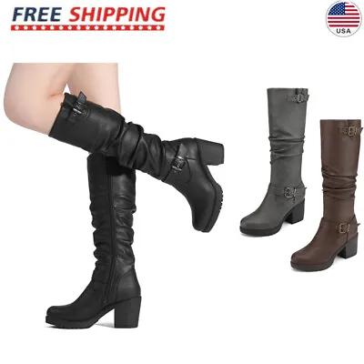 $38.99 • Buy DREAM PAIRS Women's Low Chunky Heel Fur Knee High Zip Riding Boots Shoe Size US