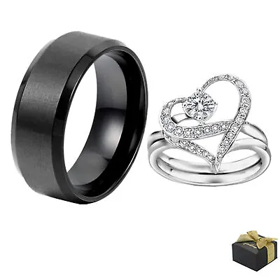2pcs Mens Stainless Steel Ring Women Heart CZ Couple Promise Wedding Bands Set • $12.99