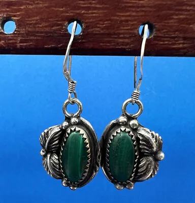VTG  AJ Singer Signed  Navajo Sterling Silver Malachite Ornate Dangle Earrings • $29.99
