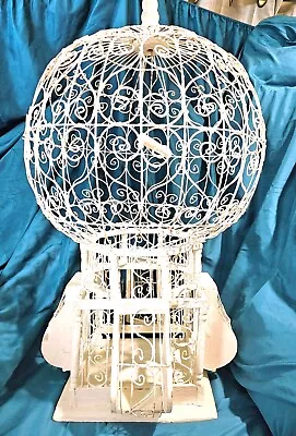 Antique Bird Cage-Handmade Wood And Hand Wired-White In Color-Balloon Top • $58.50