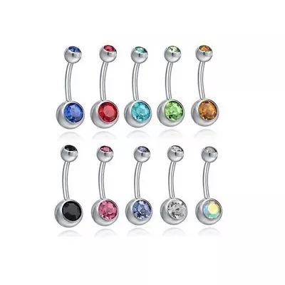 5 Or 10 Double Jewel Belly Bars Ring Button Body Piercing Surgical Steel Silver • £2.95