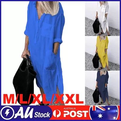 $25.89 • Buy Women's Cotton Linen Maxi Shirt Plus Size Dress Kaftan Summer Casual Long Tops