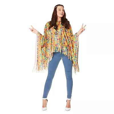 Flower Power Ladies Hippie Poncho & Headband Hippy 1960s 1970s Festival Costume • £14.99