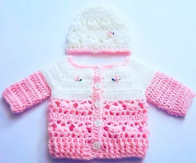 Baby Girl Or Reborn Doll Cardigan And Hat Newborn Hand Crochet Pink And White • £14.90