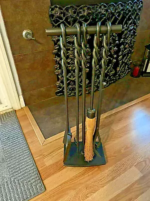 Cast Iron Fireplace Tool Set 5 Piece Broom Stand Shovel Poker Log Lifter • $28