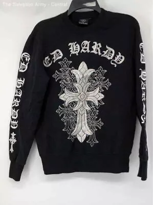 Ed Hardy Mens Black Embellished Crew Neck Long Sleeve Pullover Sweatshirt Size S • $30