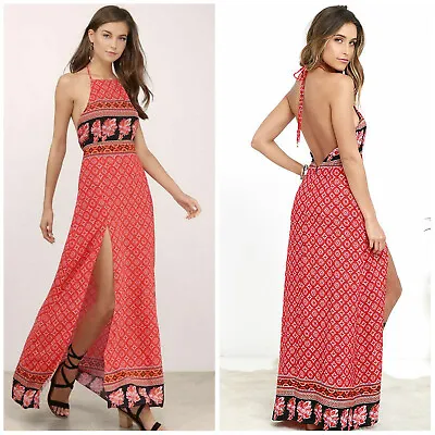 MINKPINK Spice Market Aztec Print Low Back Thigh Split Boho Red Maxi Dress • £28.83