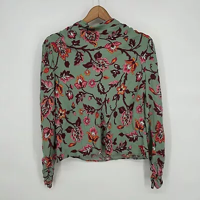 Zara Blouse Womens Extra Large Green Floral Print Draped Top Long Sleeve • $12