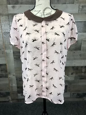 Philosophy Republic Clothing Size L Sheer Button Up Horse Print Top Shirt • $14.98