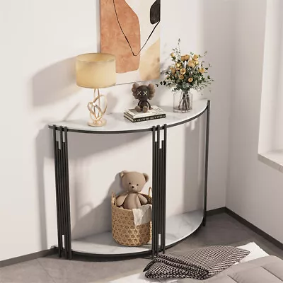 XL Half Moon Console Table 2 Shelves Marble Tabletop Narrow Entrance Hall Table • £115.99