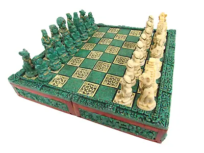 Vtg Mayan Aztec Green & Cream Wood Resin Folding Incomplete 31 Pc Chess Set • $165