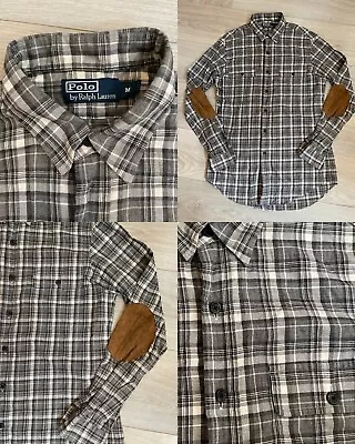 Ralph Lauren Polo Mens Shirt Check Flannel Suede Patches Size M • £30