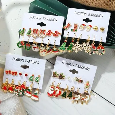 6 Pairs Christmas Tree Crystal Santa Claus Elk Snowman Earrings Stud Hook Women • $2.71