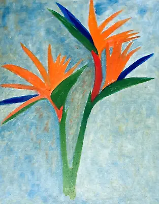 1979 Birds Of Paradise Painting Garden Flower Art Tropical Colors Orange 70s MCM • $60