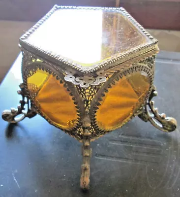 Vintage Brass Lidded Filigree Jewelry Casket 5 Sided Amber Glass  Round Panels • $60