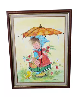 70s Girl With Flowers & Chick Spring Kitschy Framed Painting Loborec 14 X18  • $39.20