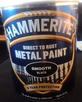 HAMMERITE Direct To Rust Metal Paint 750ml Tin. Smooth Black. 8 Year Protection. • £16.99