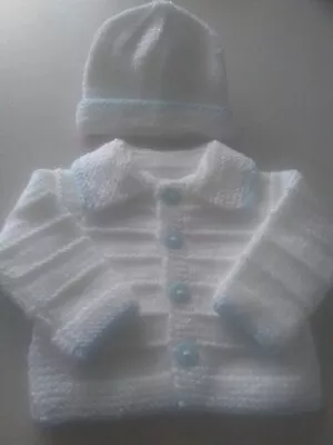 Hand Knitted Baby Boys Cardigan & Hat 0-3 Mths • £12.75