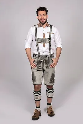 Grey Leather Lederhosen Men Authentic Bavarian Authentic Oktoberfest Lederhosens • $84.55