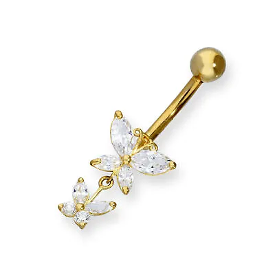 9ct Gold & Double Hanging Clear CZ Crystal Butterfly Ball End Belly Bar • £82