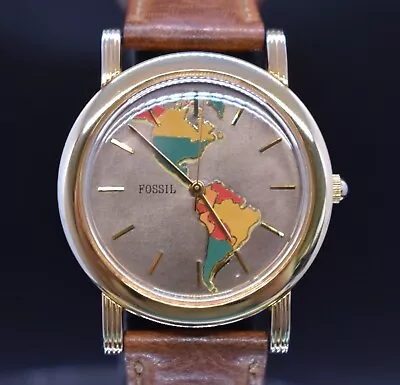 Vtg FOSSIL Map Watch North & South America Watch Men BW-6710 NEW BATTERY • $95.20