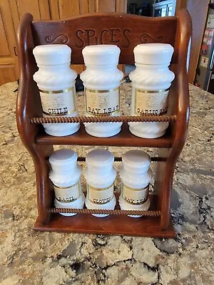 $26 • Buy Vintage Wooden 2-Tier Spice Rack With 6 Milk Glass Spice Jars 10 1/2  H X 7  W