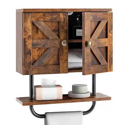 Bathroom Wall Cabinet Medicine Storage Cabinet W/ Open Shelf & Towel Bar Rustic • $59.98