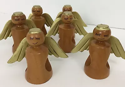 6 Vintage 1970's Turned Wood Angel Napkin Ring Holders Set MCM Mid Century Gold • $22.49