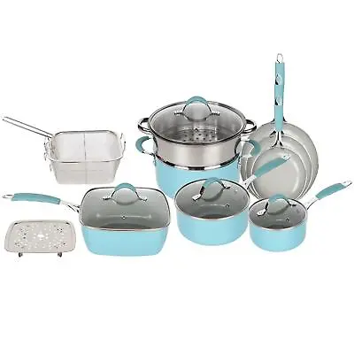 Blue And Dove Grey Induction 14 Pcs Cookware Set Non Stick Frying Pan Saucepan • £49.99