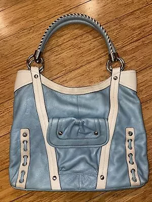 B Makowsky Blue & Cream Leather PURSE Hobo Purse Bag Pocketbook PHONE POCKET!! • $31