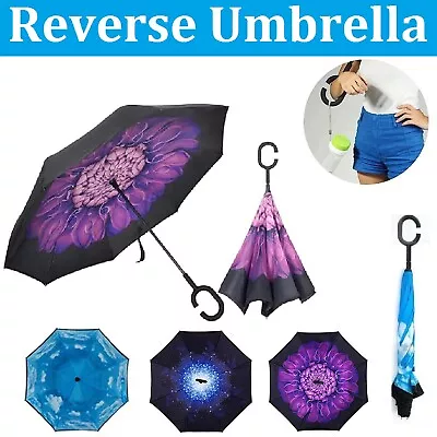 Windproof Upside Down Reverse Umbrella Double Layer Inside-Out Inverted C-Handle • $21.99