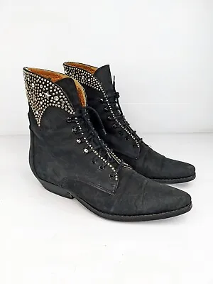 Size 40 Vintage Ladies Black Silver STUDS Stars Leather Ankle Boots Western • $250