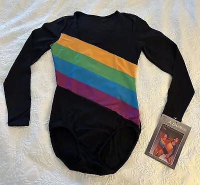 Vintage 70-80’s DANSKIN Black Rainbow Pride Nylon LEOTARD Gymnastics Dance Large • $75