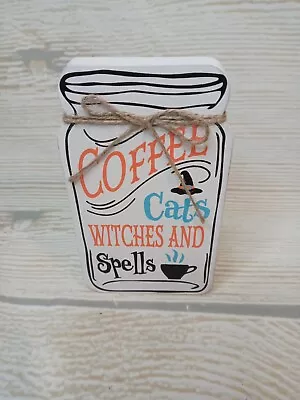 New!  Coffee Cats Witches & Spells' Mason Jar Wood Sign Halloween Fall Hat Java • $3.99