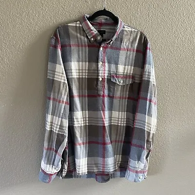 J Crew Shirt Mens Large Grey Red Plaid Flannel Popover Preppy • $22.95