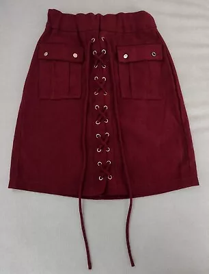 MISSGUIDED Burgundy Faux Suede Front Lace Up Skirt - Size UK 4 - VERY GOOD COND. • £4