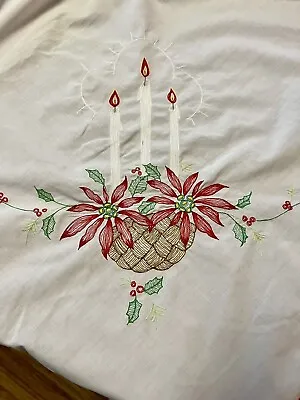 Vtg Embroidered Christmas Rectangle Tablecloth Poinsettia Holly Candles 80”x70” • $25