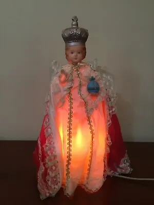 VTG-BLOW MOLD “INFANT OF PRAGUE” STATUE PORTABLE LAMP/LIGHT W/SATIN GOWN/CAPE • $30