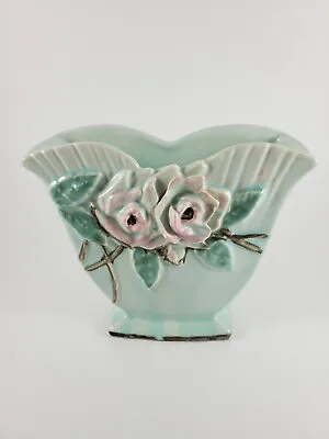 Vintage McCoy Wild Rose Planter Vase Aqua Teal Blue  Pink Flowers PLEASE READ • $21.99