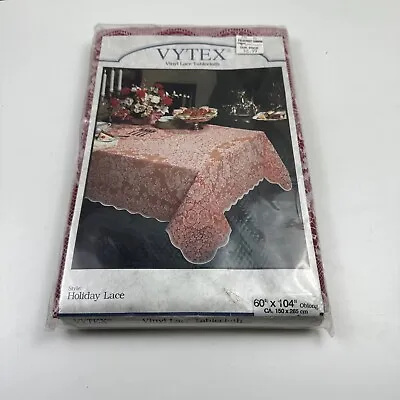 Vytex Vinyl Lace Tablecloth White Red Holiday Candle Bells 60x104 Oblong NOS • $12.97