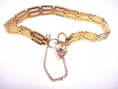 £9.99 • Buy Fine Antique Gold 3 Bar Gate 7  Long Bracelet W Working Heart Padlock Clasp