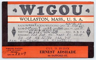 QSL CB Ham Radio Card W1GOU Wollaston Massachusetts Norfolk County MA 1936 Card • $5