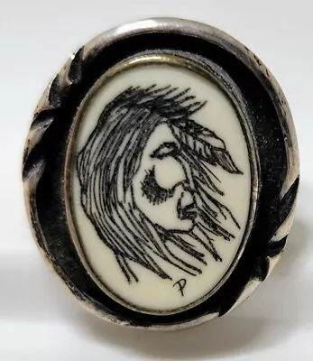 Vintage Majestic Brave Sterling Silver Scrimshaw Ring Size 8.5 Hallmarked P • $175